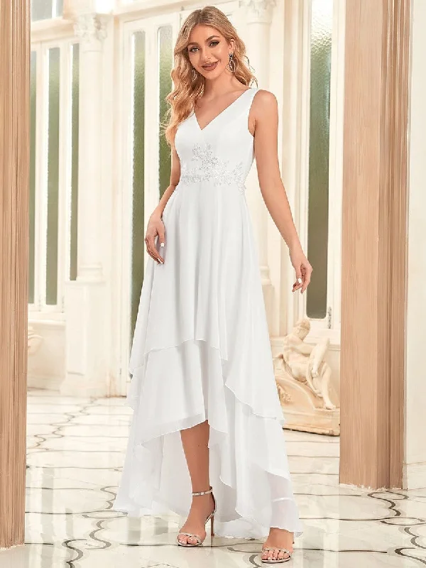 Flash Sale Online Floral Applique V-Neck High Low Wedding Dress